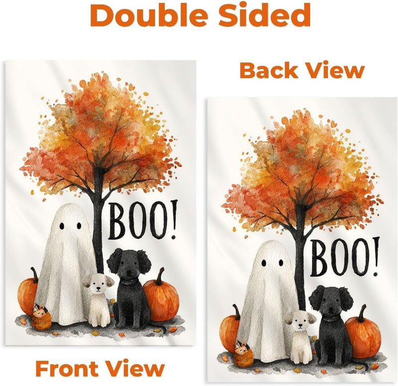 KarvePro Happy Halloween Garden Flag – Ghost with Dogs and Pumpkins Design, 12x18 Double Sided Burlap Yard Flag for Fall Outdoor Decoration, Weatherproof - Image 4